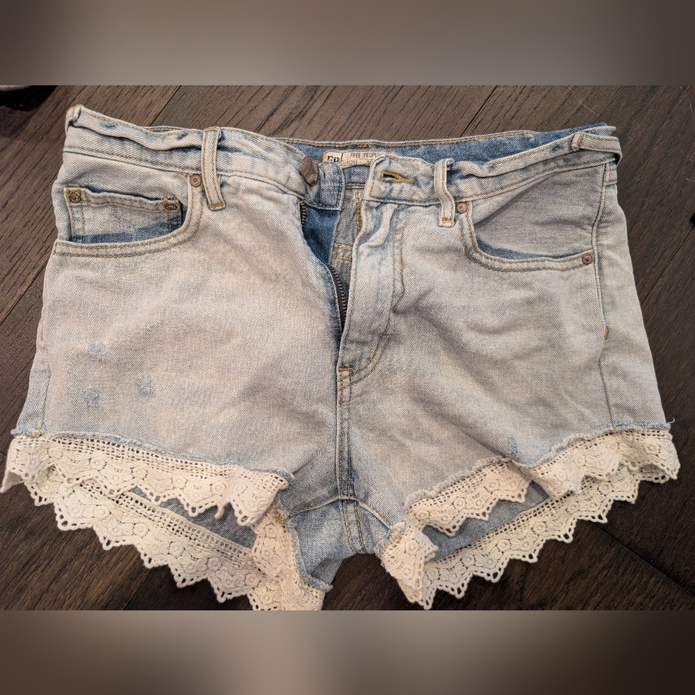 Light Blue Denim Shorts with Lace Trim